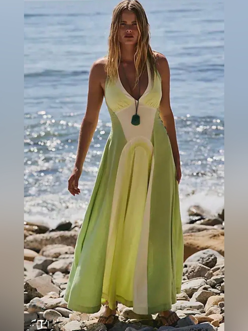 Free People Free-est Tropic Pop Halter Maxi Dress in Sunny Lime Combo size S NWT